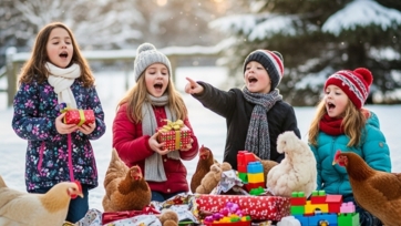 Kids and Chickens Open Christmas Presents Singing Jingle Bells